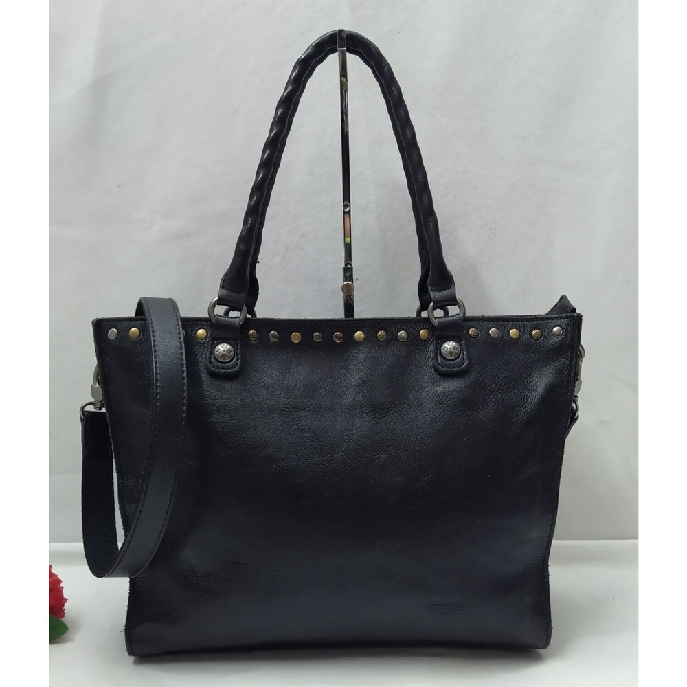 Patricia Nash Black Leather Studded Double Handles Zipper Satchel Bag